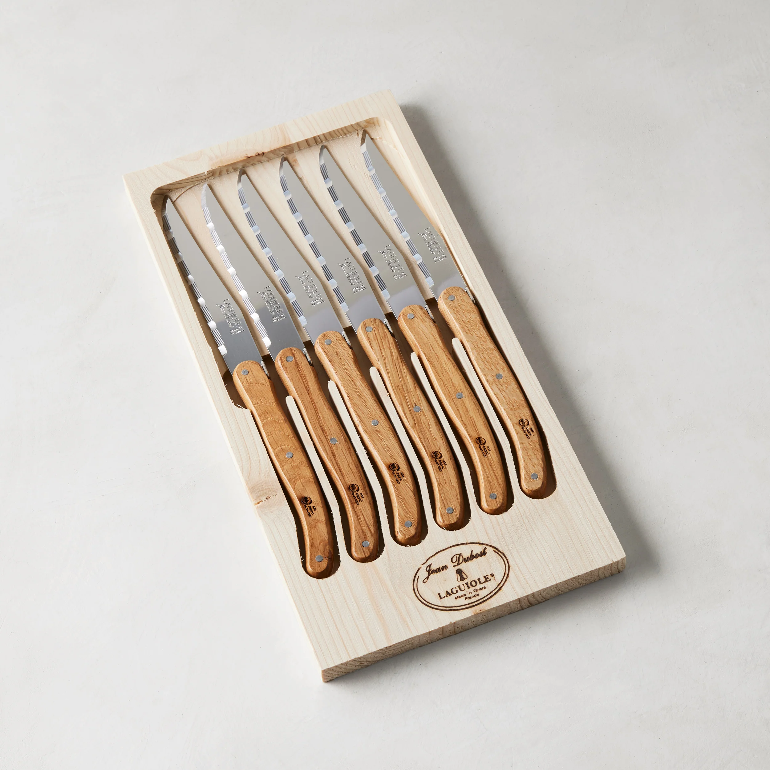 Jean Dubost Laguiole Oak Wood Steak Knives, Set of 6