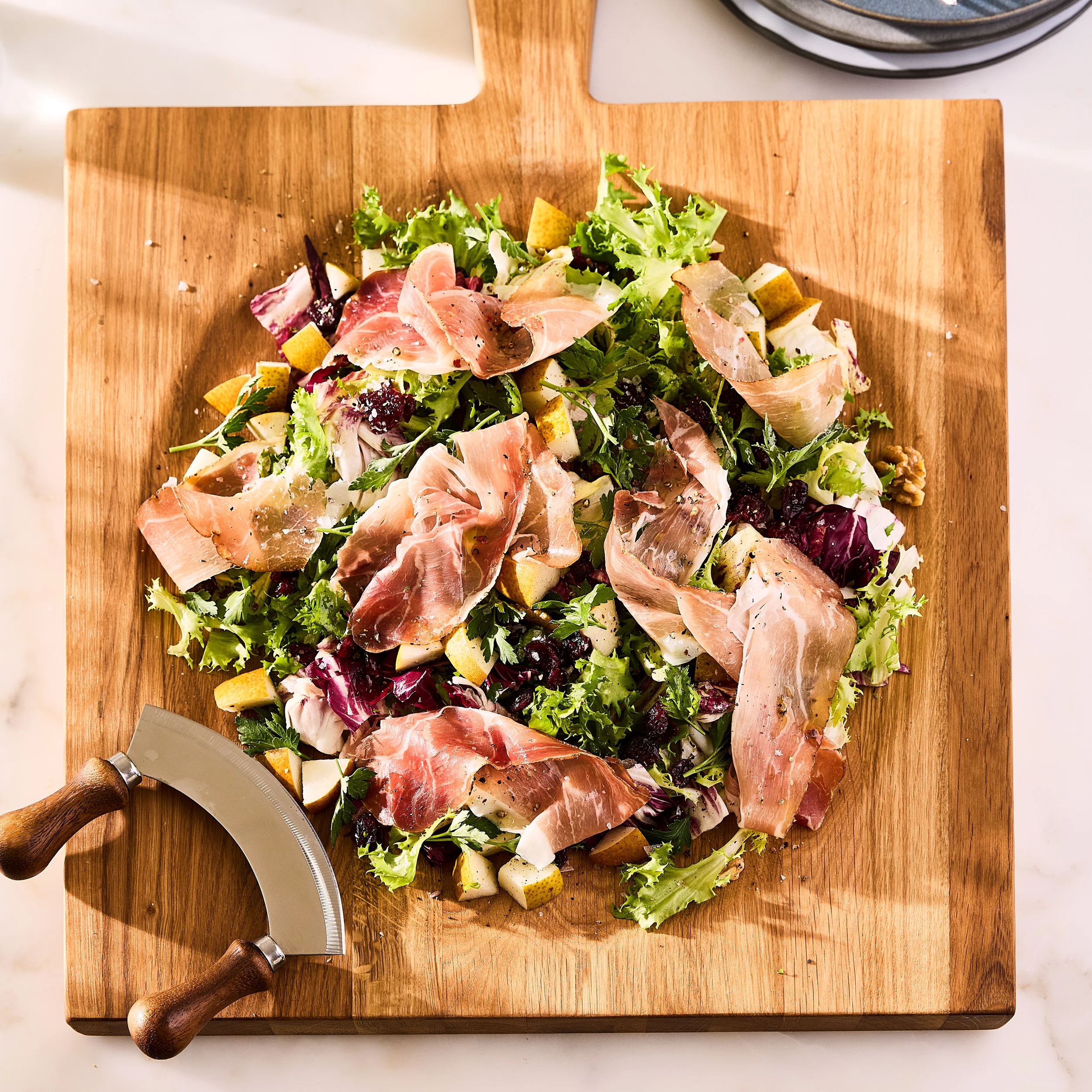 Large Oak Wood Cutting Board Bowl with Mezzaluna Blade - Image 2