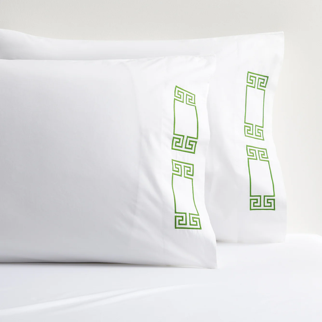 Green Modern Embroidered Greek Key Percale Sheet Set - Image 2