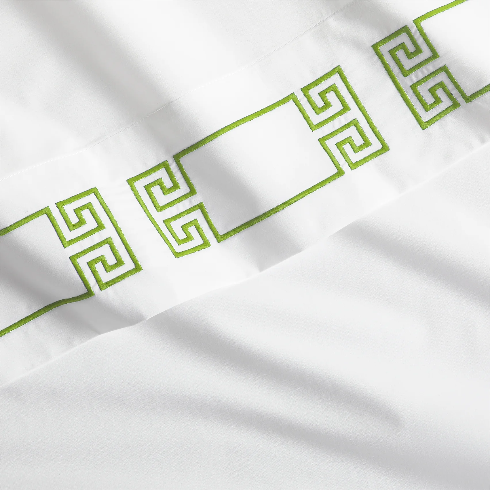 Green Modern Embroidered Greek Key Percale Sheet Set - Image 3