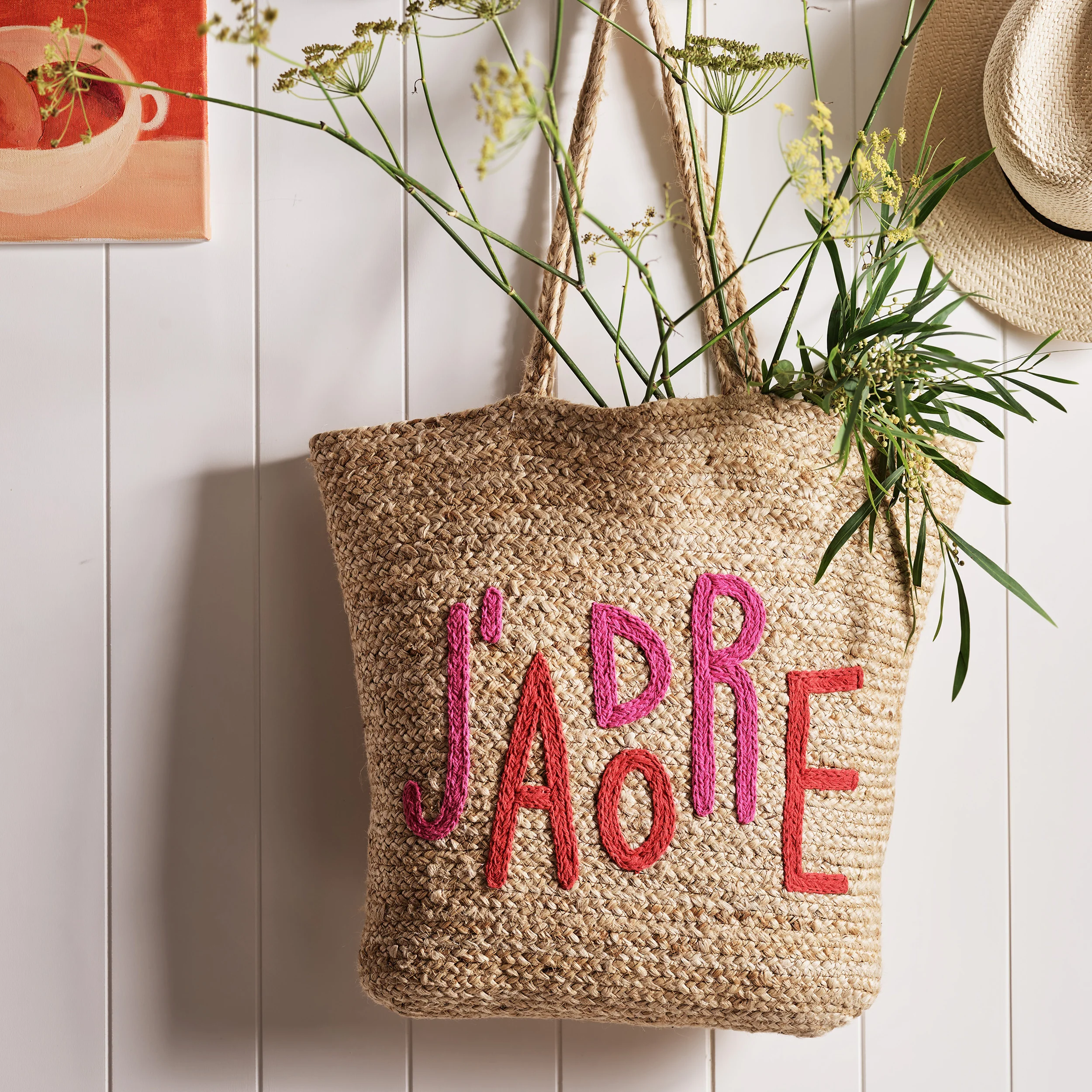 "J'Adore" Natural Handled Woven Tote Bag - Image 2