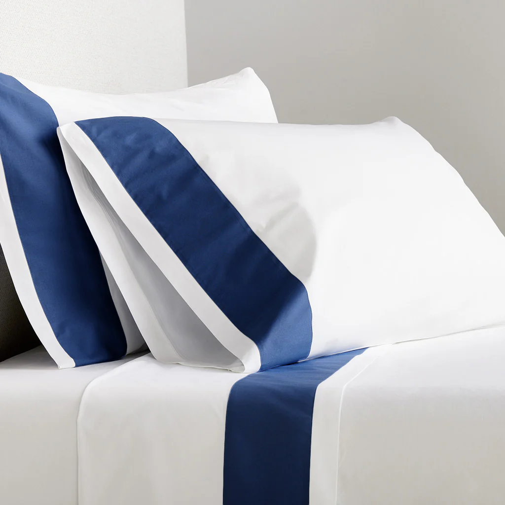 Navy Blue Wide-Band Percale Pillowcases, set of 2 - Image 3