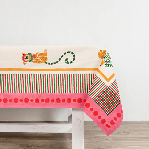 Pink Block Print Tablecloth