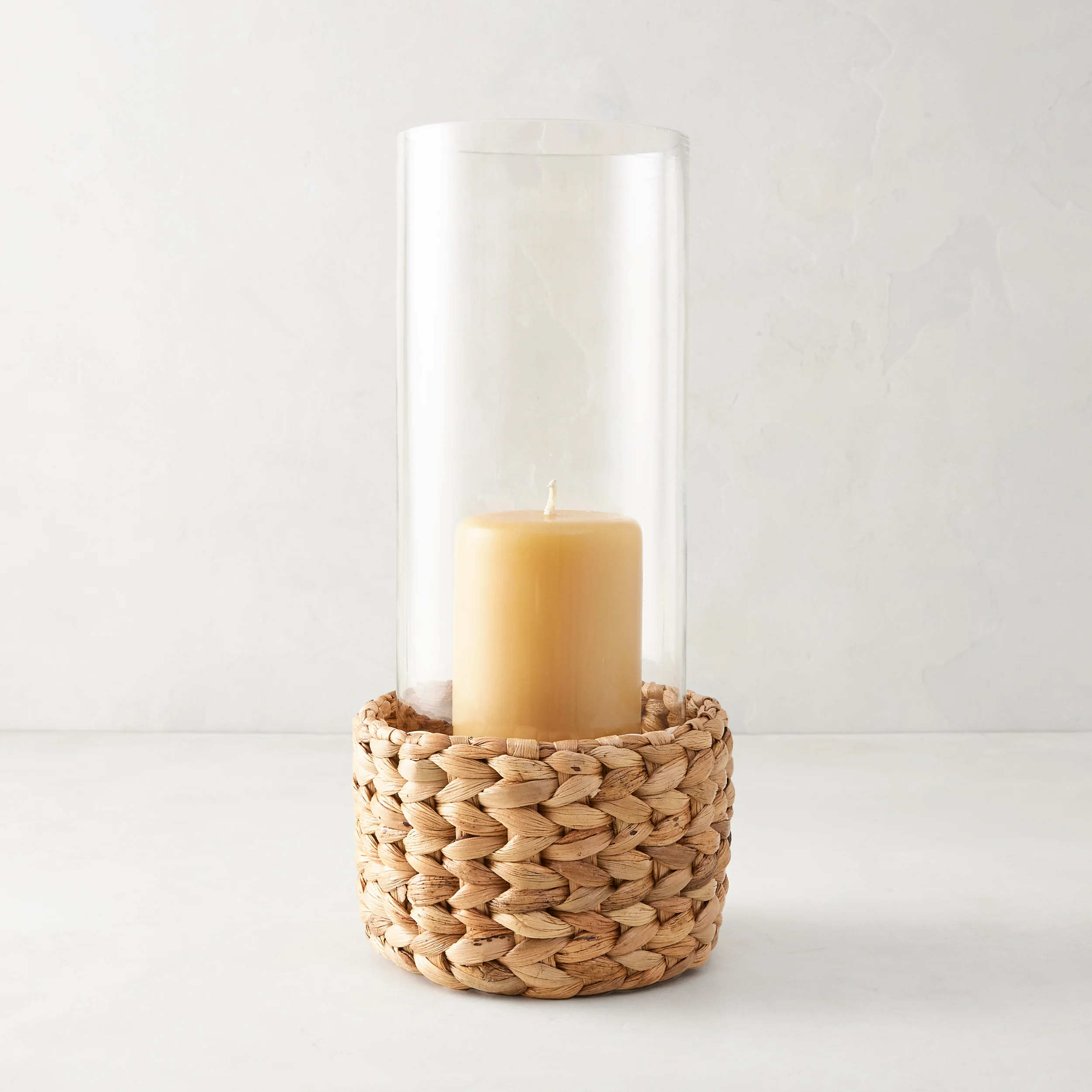 Small Glass Hurricane with Woven Hyacinth Base - Image 4