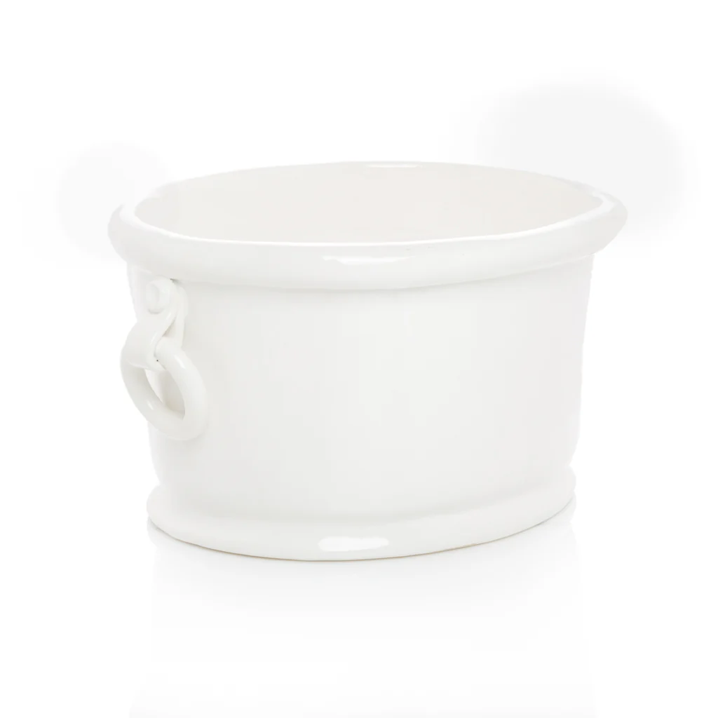 White Ceramic Oval Ice Bucket with Ring Handle - Image 4